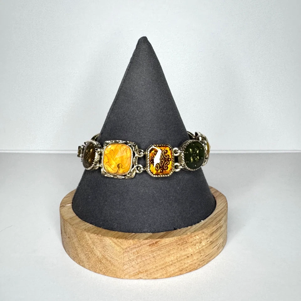 Brazalete Vintage Liz Claiborne Panel Eslabón Esmalte Flores Verde Naranja Tono Dorado Foto 4 de 4