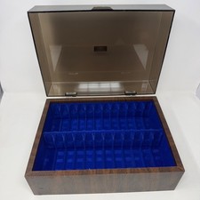 Vintage 24 Cassette Tape Storage Case Faux Wood Smoked Lid Blue Flocked Interior