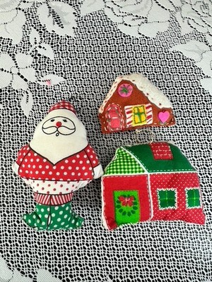 VTG Hand Made Fabric Plush Sewn Santa Ginger Bread House Christmas Ornament Set