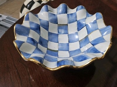 RARE AURORA MACKENZIE CHILDS FLUTED BLUE ROYAL CHECK CERAMIC BREAKFAST BOWL DISH