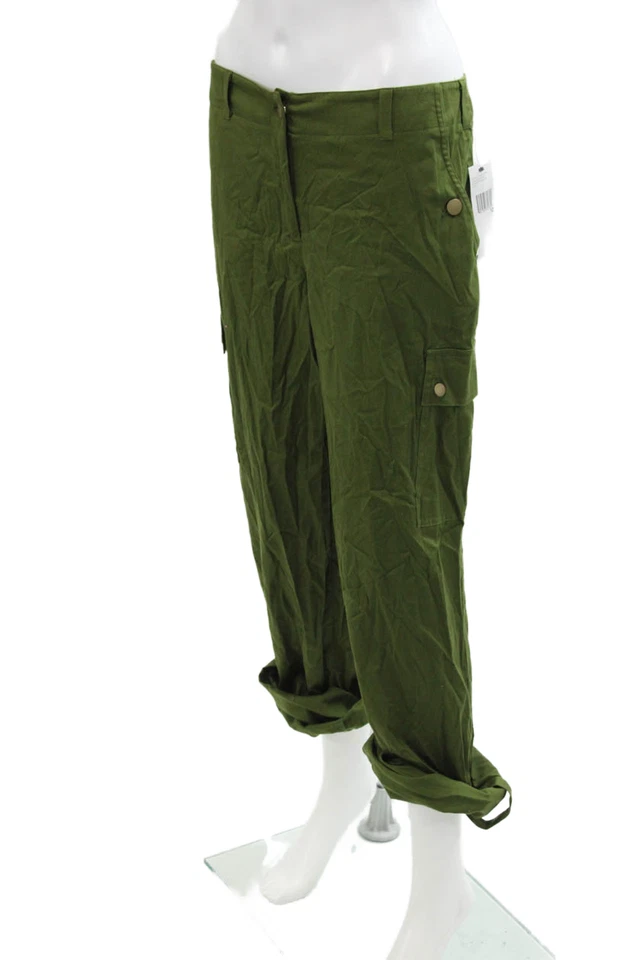 Pantalones DKNY Wonens tiro alto puños pierna recta fatiga algodón verde talla 12 Foto 2 de 4