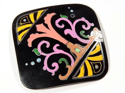 Antique Victorian Czech hand painted black glass jewelry making element 65mm