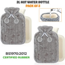 Image of 2 x 2L Cosy Faux Fur Hot Water Bottle Natural Rubber Warmer Pain Relief Heat New
