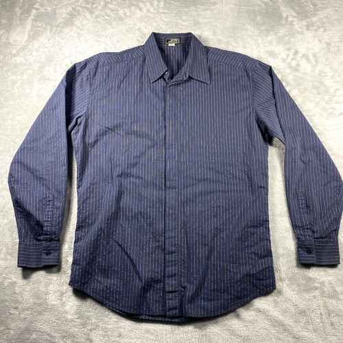 Versace, VTG Gianni Versace Mens 48 Dress Shirt Made in Italy Blue W/ Pinstripes READ