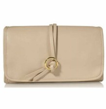 Lancome Signature Cosmetic Makeup Bag Tri-Fold Train Case Faux Leather Beige/Tan