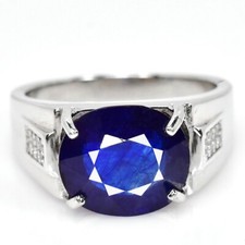 925 STERLING SILVER RING GENUINE BLUE SAPPHIRE OVAL 13x11 MM.  WHITE CZ SIZE 10