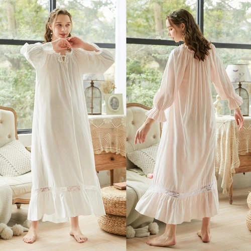 Sexy New Ladies Pyjamas Victorian Vintage Long Sleeve Nightdress-Size-S-XL B1 - Picture 3 of 11