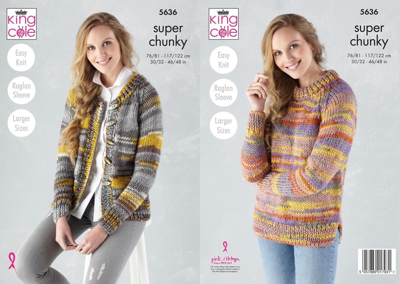 King Cole Super Chunky Knitting Pattern - 5636 Sweater & Cardigan