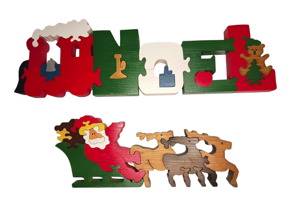 VTG PAIR Wooden Jigsaw Puzzles Christmas Santa Sleigh & Noel Train Decorative