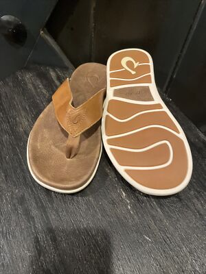 Olukai Nalukai Tan Leather Beach Flip Flop Sandals Shoes  display picture 1