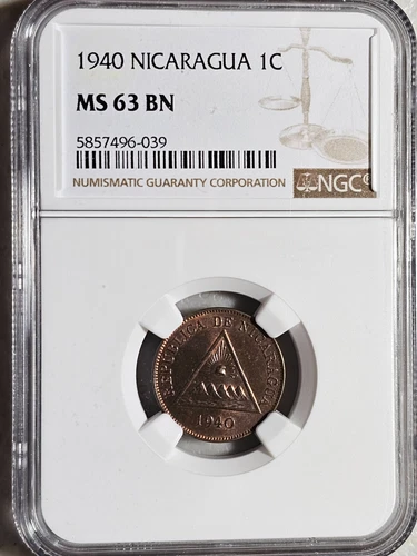 Nicaragua 1 Centavo 1940 NGC MS 63 BN