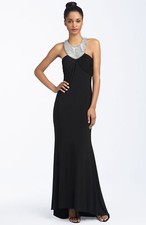 JS Boutique Beaded Jersey Halter Gown Sz 6 Black