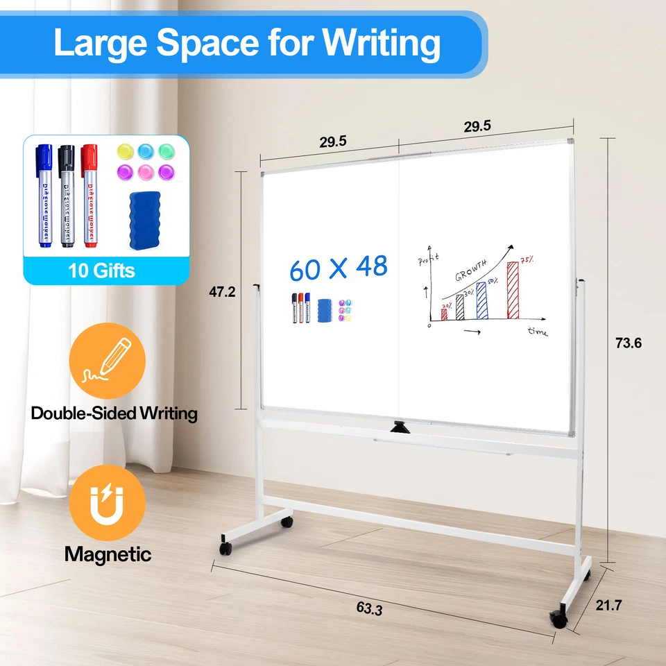 Double-Sided Mobile Whiteboard with Stand 60 x 48 In Adjustable Dry Erase Board - Image 2 of 4