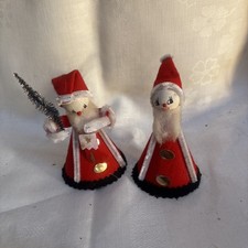2 vintage felt cone Santa Claus ornaments handmade in Japan circa 1950s.