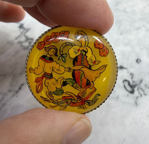 Russian Hand Painted Selenite Folk Art FolkloreVintage Brooch Pin 1.25"