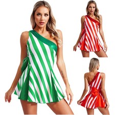 UK Womens Candy Cane Dress Christmas Dance Costumes Striped A Line Dress Outfits
