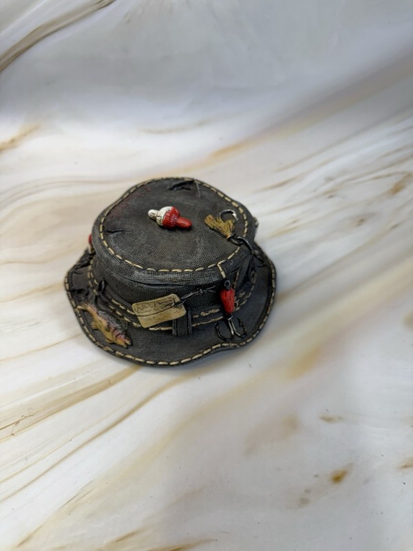 Fisherman's Hat Trinket Dresser Jewelry Box With Lid Gray Tan Lures Fish Resin 