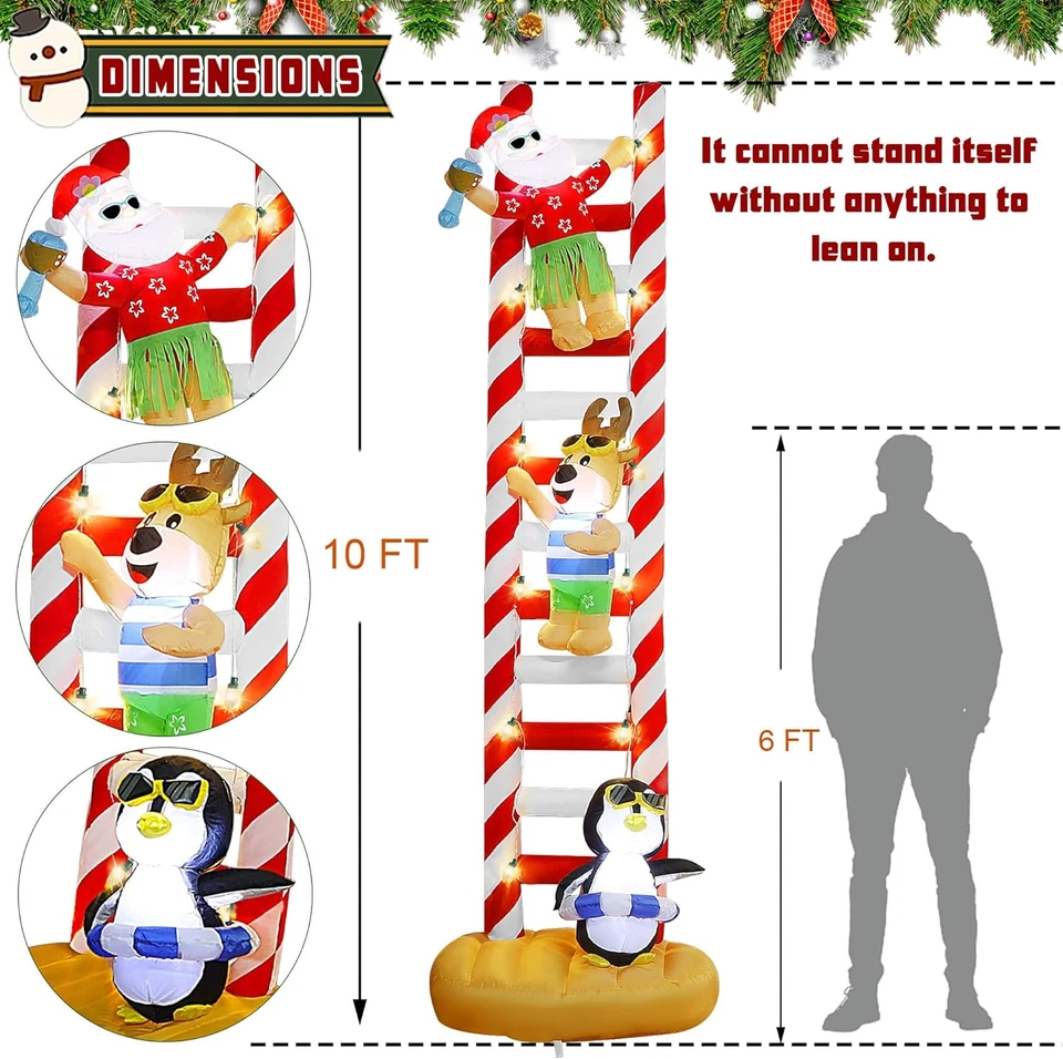 10FT Christmas Inflatable Decorations, Hawaii Beach Themed Giant Lighted Ladder - Image 2 of 4