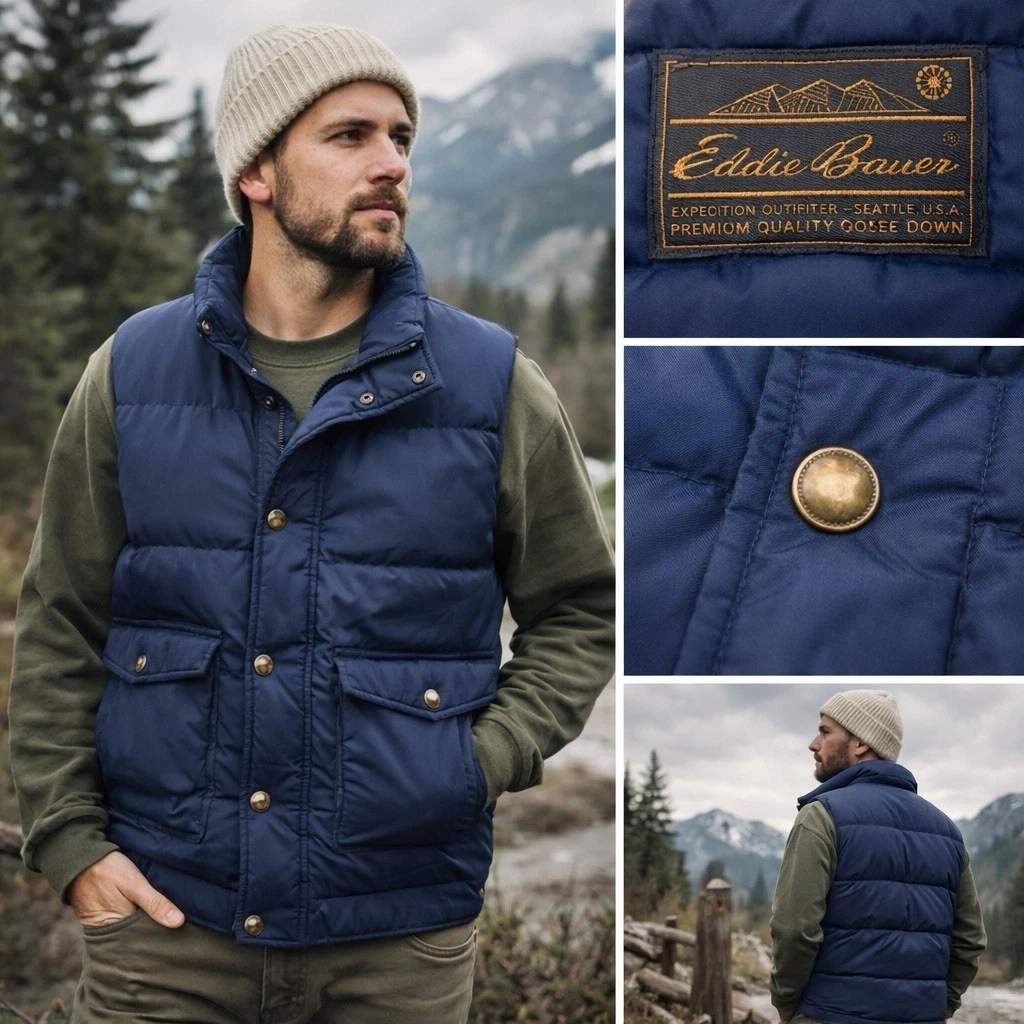 Vintage Eddie Bauer Goose Down Vest Mens Small Blue Navy Puffer 90s Cabincore