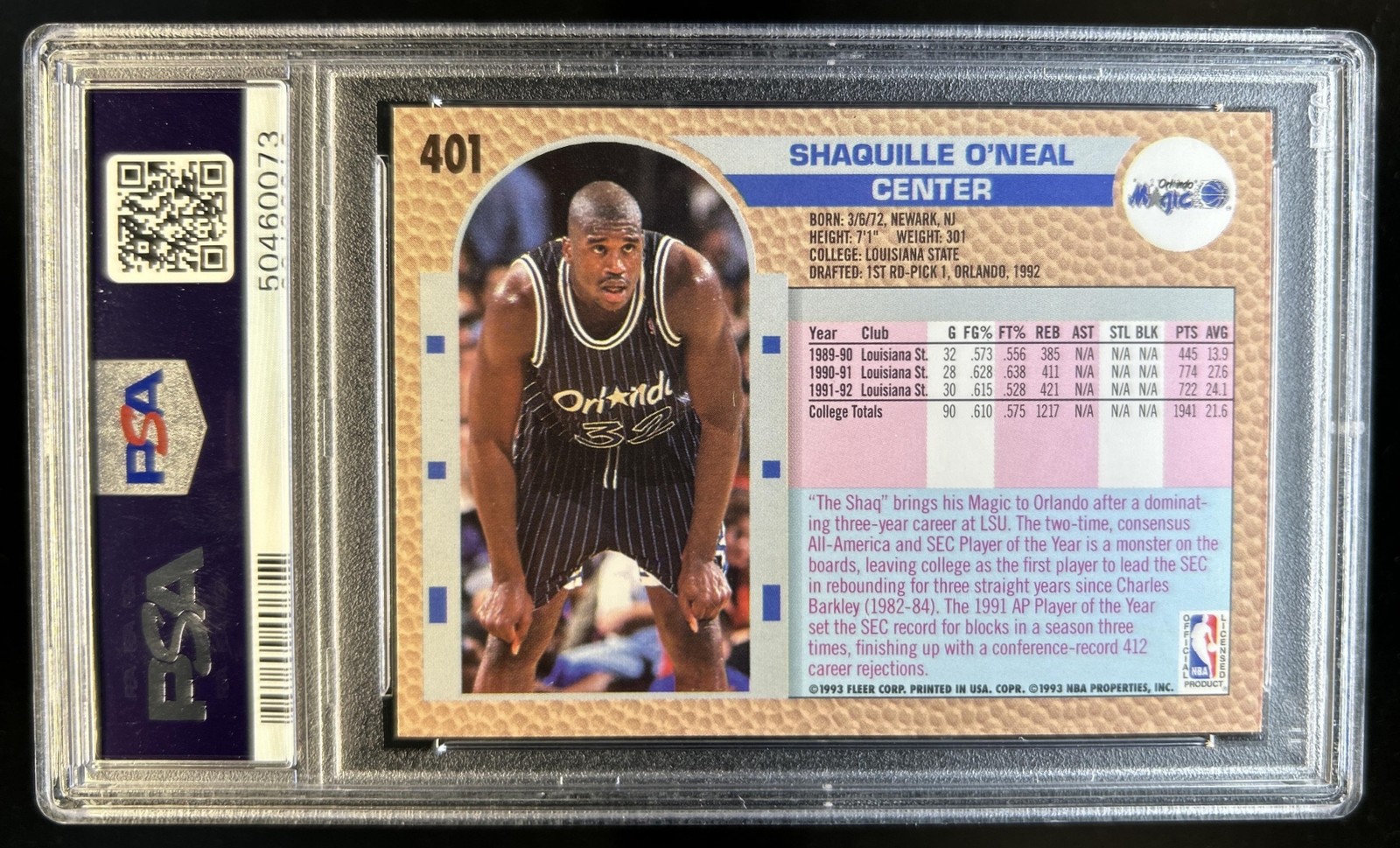 1992-93 Fleer Shaquille O'Neal Rookie RC #401 Magic PSA 9 view 2