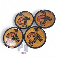 Vintage BOMA Coasters Set of 4 Hand Printed on Red Cedar Whale totem Abstract 
