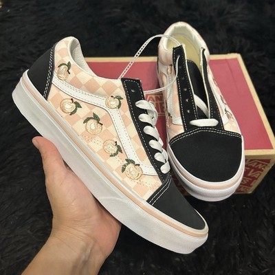 VANS Old Skool Checkerboard Peaches Embroidered Lace Up Shoes Sneakers 7.5 New