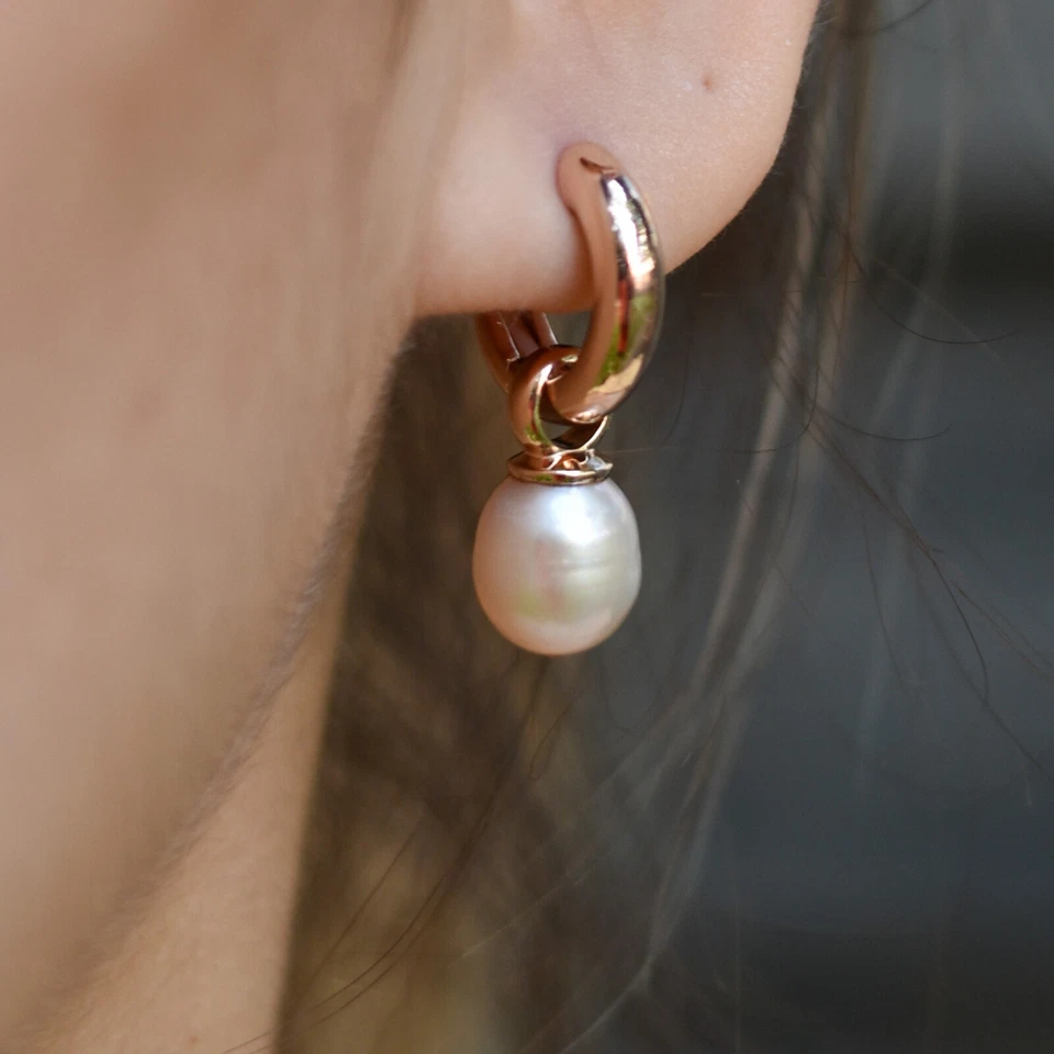 Pearl Charm Huggie Hoops Silver Earrings Rose Gold Plated - Image 3 of 4