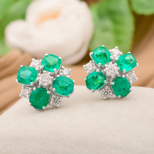 Natural H/SI Diamond Zambian Emerald Stud 18k White Solid Gold Earrings 5.86 Tcw - Picture 4 of 9