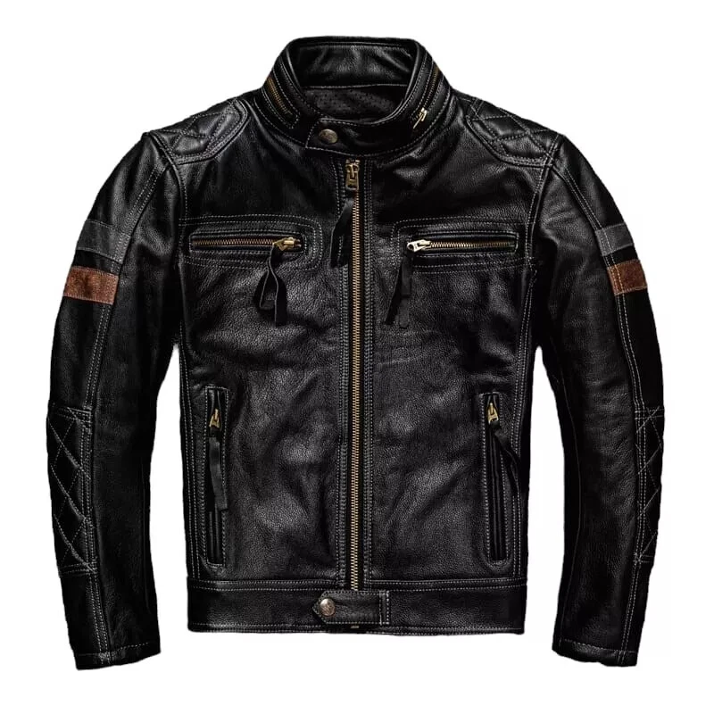 Men's 100% Genuine Leather Cowhide Black Motorcycle Quilted Racing Biker Jacket