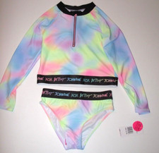 Betsey Johnson Girl's S 7/8 Long Sleeve 2 Pc Zip Rash Guard Swimsuit Tie Dye