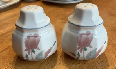 Vintage Mikasa Silk Flowers Salt + Pepper Shakers Pink Green Cream Octagonal - Image 1 of 4