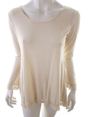 M.J.J.P. Damen Tunika Bluse Gr. M Creme Rayon 100% Langer Ärmel Spitzenstickerei