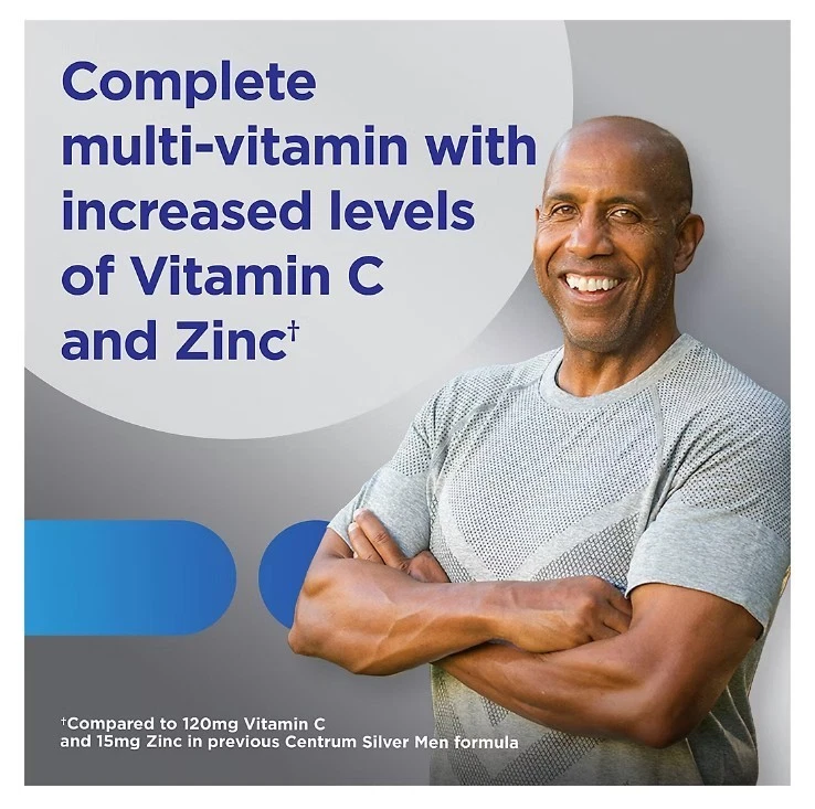 Centrum Silver Men 50+ multivitamin with increased levels of Vitamin C and Zinc, blue box and white text on label.