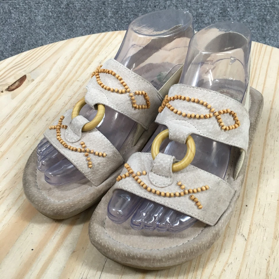 Sandalias Earth Shoe para mujer 7,5 ancho Nilo con cordones beige cuero con cuentas punta abierta Foto 3 de 4