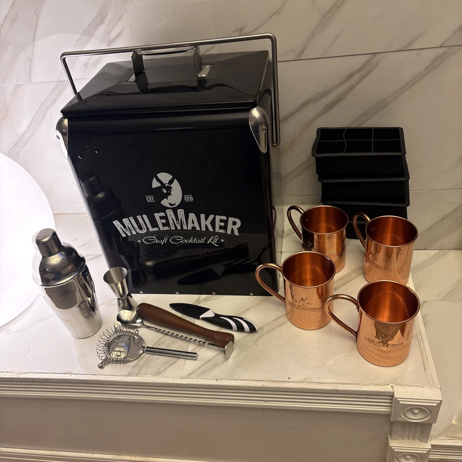 Vintage Moscow Mule Maker Complete Kit. Metal Cooler Ice Chest. Copper Cups