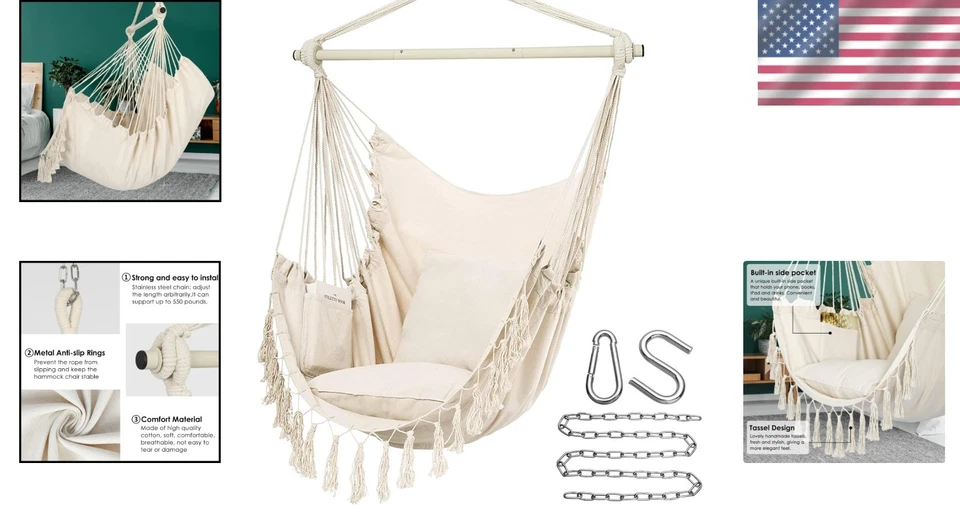 Large Macrame Hanging Chair, Superior Comfort, Beige - Image 2 of 4