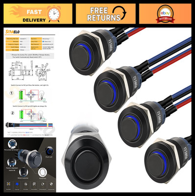 5pcs 12mm LED Push Button Switches, Waterproof IP65, Self-Resetting, Blue Light
