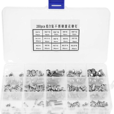 LiebeWH 250pcs Vollnieten Edelstahl M2-M5 Rundkopf Rändelschäfte Sortiment