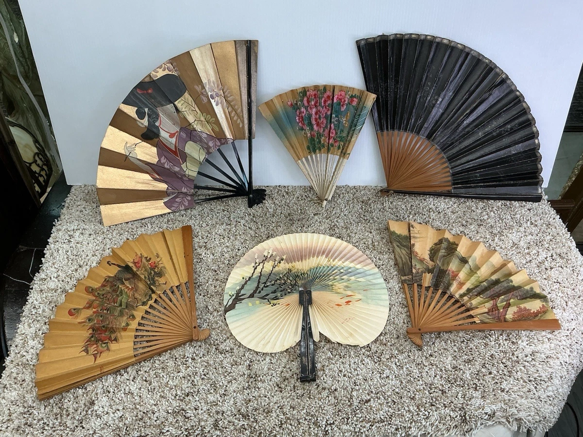 Set of Three Vintage Asian Inspired Decorative Folding Fans - Black Beige Cream 51MqxcSKrrS.jpg_BO30,255,255,  main image 3