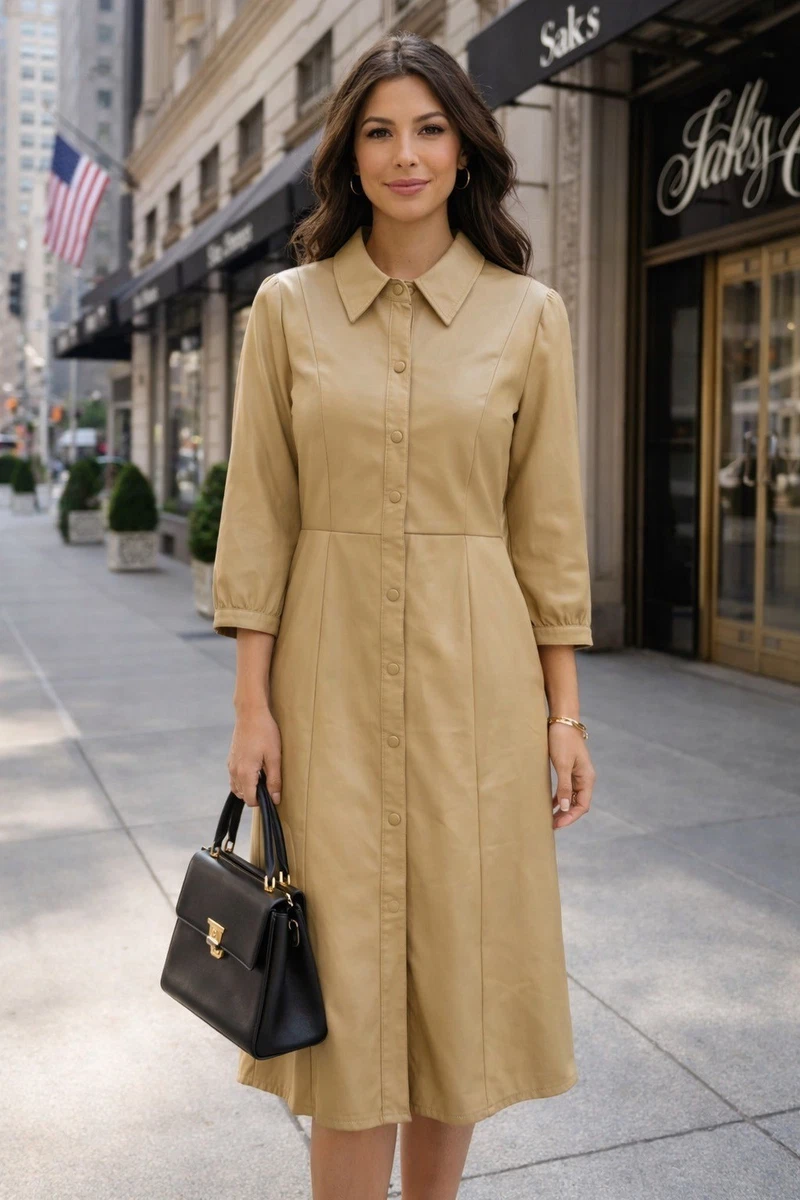 leather dress beige Beige leather dress with metal detailing on bust