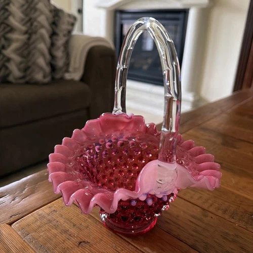 Vintage Fenton Cranberry Opalescent Hobnail Art Glass Basket Ruffled Rim