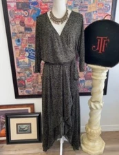 G by Giuliana Black Olive Ikat Aria Mesh Knit Tulip-Hem Wrap Midi Dress 1X New