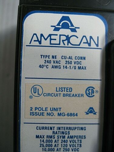 American NE224100 2 Pole 100 Amp 240 VAC 250 VDC Circuit Breaker NEW - Picture 6 of 8