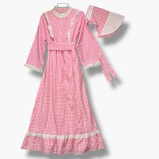 Vintage Pink Gingham Maxi Dress Prairie Cottagecore Belted Bonnet Bell Sleeve M