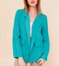 Eileen Fisher 100% Irish Linen Jacket Sea Green One Button Long Sleeve Size XL