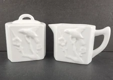 Rosanna Lidded Sugar & Creamer Rectangle White Porcelain Embossed Bird on Branch