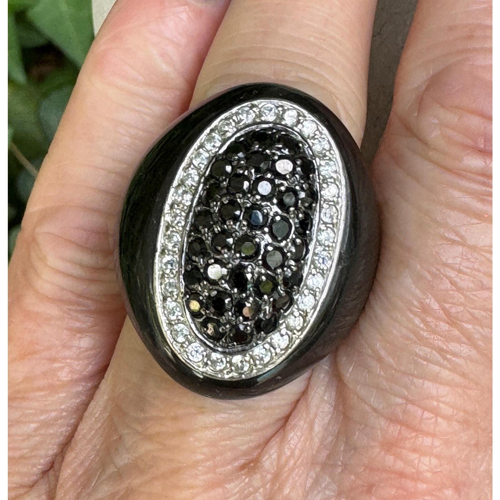 Statement Black Onyx Ring Swarovski Diamonds Onyx… - image 1