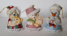 JASCO CARING CRITTER CHIMERS Bisque Porcelain Bell Ornaments Lot of 3 Vintage