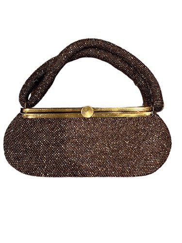 Vtg 50s Brown Lucite-Beaded Purse Evening Bag Box Handle Elevated Mirror Inside - Picture 10 of 15