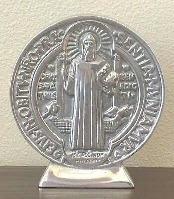 New St. Benedict Pewter Doble Sided Medallion with Stand/Religious/Decor #326